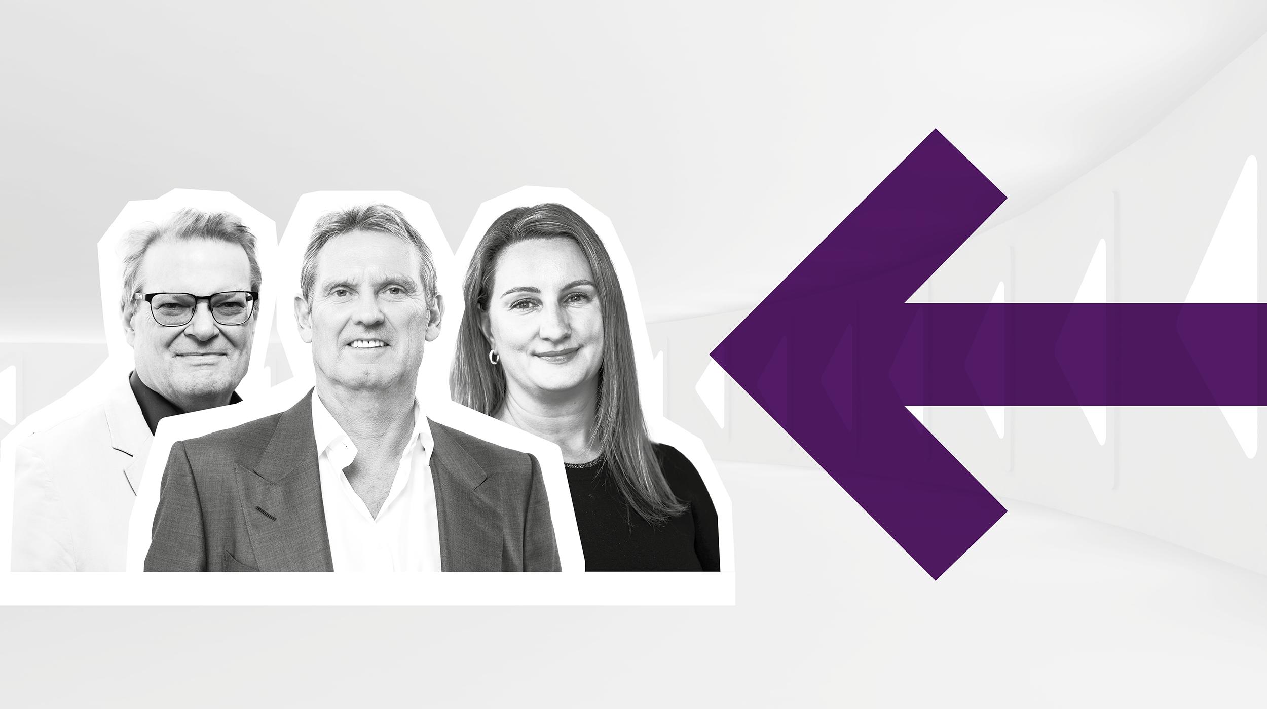 Illustration of a large purple rightwards arrow on a grey background, with three people on the right-hand side